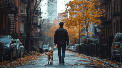 A man leads a dog on a leash while walking along a city street.
