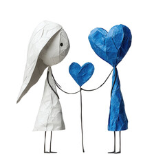 A whimsical illustration of two characters holding colorful hearts, symbolizing love, connection, and unity in a playful artistic style.