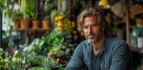 Canvas Print - Man with beard and gray hair is sitting in front of a plant nursery. He is wearing shirt, he is looking at the plants. marketing professional in a modern office, surrounded by eco-friendly elements