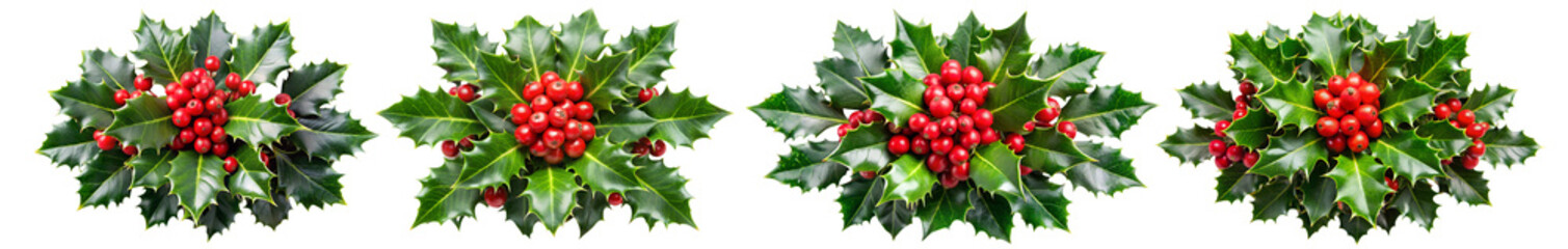Wall Mural - Festive Christmas Holly Plant Set with Red Berries ang green leaves Isolated on White Transparent Background, PNG Element. Ideal for festive designs and seasonal decorations.