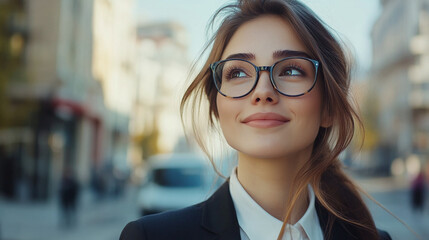 Smiling young businesswoman in suit and glasses on street near office