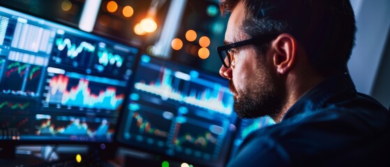 Wall Mural - a focused individual analyzes dynamic graphs on multiple computer screens in a dimly lit room, bathe