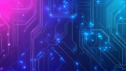 Abstract digital circuit board with glowing lines and dots on a pink and blue gradient background.