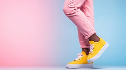 An individual strikes a pose in pink pants and bright yellow sneakers against a gradient background, blending pastel hues and trendy style in one lively frame.