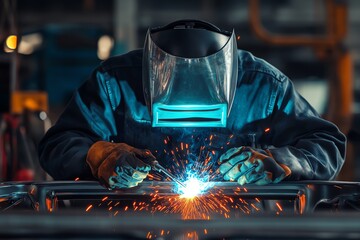 1 A welder in protective gear fusing metal joints on a car frame, photorealistic style, glowing sparks, and detailed lighting reflecting off the metal