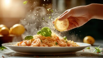 A tantalizing shrimp pasta dish is enhanced with fresh lemon zest and aromatic herbs, capturing the essence of culinary delight, flavor, and gourmet meal presentation.