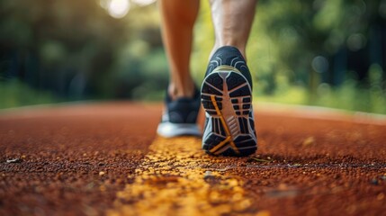 Close-up of a runner's foot on a red track