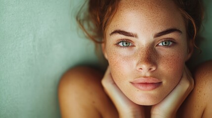 A close-up, serene portrait of a woman showcasing her natural beauty with freckles, captivating eyes, and an introspective expression on a simple background.