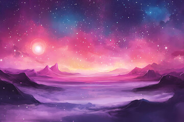 Watercolor dreamy alien landscape with purple mountains and a pink sky full of stars painting