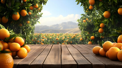 Wall Mural - A vibrant orange grove with fresh oranges and a wooden table.