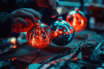 An individual hand-crafting glowing Christmas ornaments in a retro-futuristic style, blending vintage aesthetics with futuristic technology 