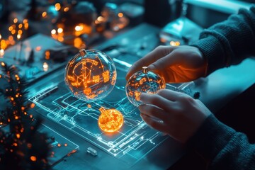 An individual hand-crafting glowing Christmas ornaments in a retro-futuristic style, blending vintage aesthetics with futuristic technology 