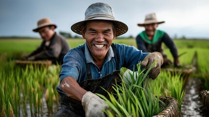 Smiling farmer in straw hat harvesting green plants in a rice paddy with two others in the background