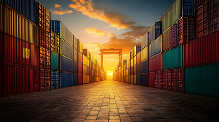 Canvas Print - Sunset illuminating a row of colorful shipping containers.