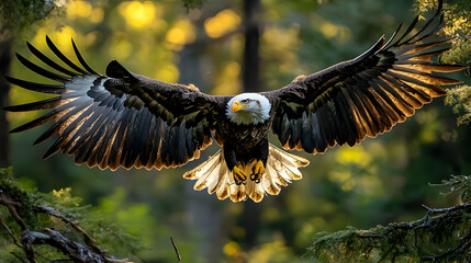 Sticker - Majestic eagle soaring through a forested landscape.