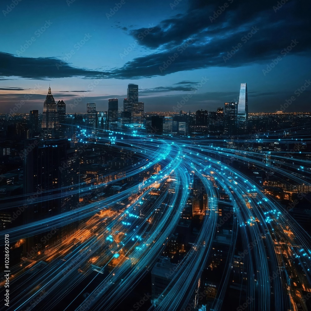Smart city digital transformation development concept. Band lights over ...