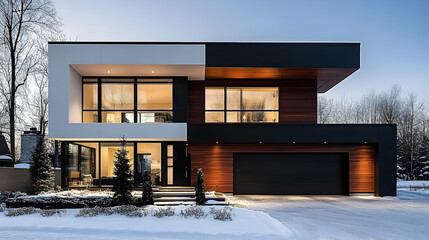 Wall Mural - Modern two-story house with large windows and snowy surroundings.