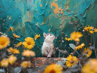 Sticker - Cute Kitten Posing in a Field of Yellow Flowers