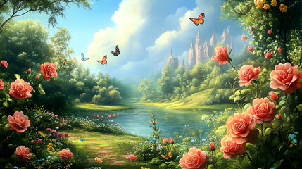 Canvas Print - A serene landscape with butterflies, roses, and a distant castle.