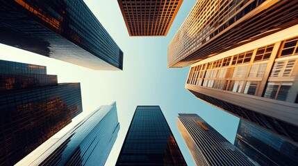 Poster - Low angle view of modern skyscrapers with reflective glass facades against a clear blue sky, creating an urban cityscape scene.