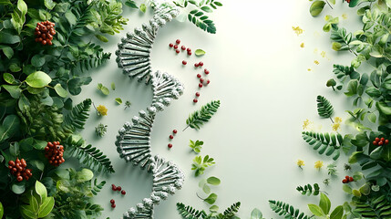 Canvas Print - DNA helix surrounded by various green plants and berries.