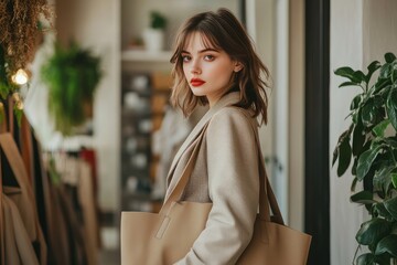 Stylish woman holding a fashionable tote bag in a sleek boutique, solid background, focusing on modern trends and design