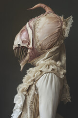 sculpted dark surrealism, anthropomorphic creature in frilly victorian dress, pale pink skin, wide fangs, horn, pale colors, horror, photorealistic