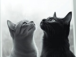 playful scene featuring a cat and dog looking upwards together, set against a clean white background, evoking feelings of companionship and curiosity