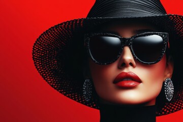 Canvas Print - Woman wearing a black hat and sunglasses is standing in front of a red background. Concept of elegance and sophistication, as the woman is dressed in a stylish outfit and is posing for the camera