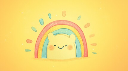 A smiling cartoon character with a rainbow behind it on a yellow background.