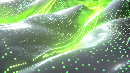 Abstract green and white wave pattern with glowing dots.