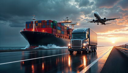 Truck driving on highway by the sea with cargo ship and airplane for global logistics concept