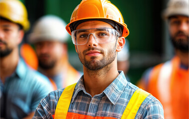 four men wearing hard hats and safety glasses, standing in front of a green wall. Two of them are wearing orange hard hats, while the other two are wearing silver hard hats. Th