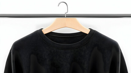 A black sweatshirt hanging on a wooden hanger against a white background.