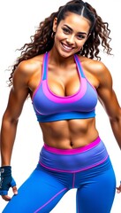 Athletic woman showcasing fitness in colorful workout gear in a studio