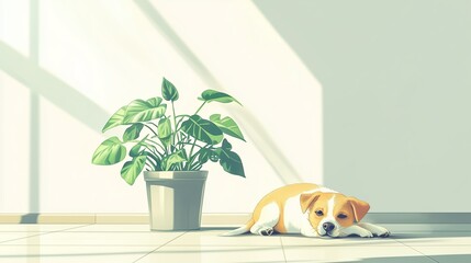 Wall Mural - A calm dog resting beside a vibrant houseplant in a sunlit room during the afternoon