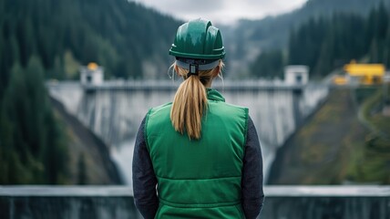 Wall Mural - A woman in a hard hat and green vest stands before a dam, surrounded by lush forests and mountains, contemplating her work in environmental engineering.