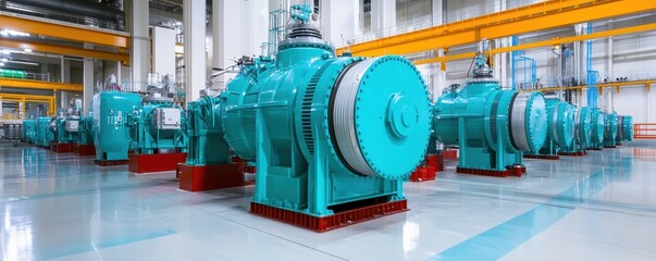 Industrial setting with multiple large turquoise turbines aligned on a polished floor, showcasing modern machinery and engineering.