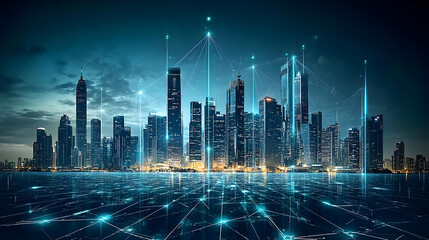 Canvas Print - Futuristic city skyline with digital connections and technology themes.