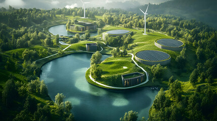 Wall Mural - Aerial view of sustainable architecture in a green landscape.