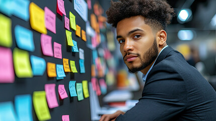 Young Professional Engaged in Brainstorming Session Surrounded by Sticky Notes in a Modern Workspace During Afternoon Hours