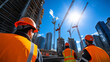 © Maksym Tereshchenko - A vivid snapshot of construction workers maneuvering steel plates on-site, with tower cranes in full operation against the backdrop of a bright blue sky, illustrating the scale of