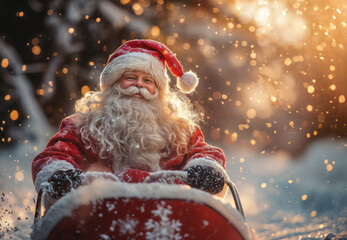 Santa claus having fun riding a sledge in a snowy forest during a beautiful winter day