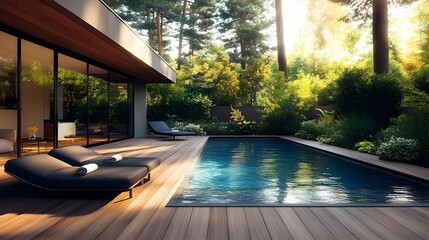 Wall Mural - Modern poolside retreat surrounded by lush greenery and tranquility.