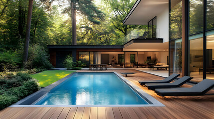 Wall Mural - Modern home with a pool surrounded by lush greenery.