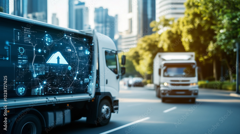 A detailed diagram of a smart waste management network, showing optimized routes, waste collection statistics, and environmental benefits, emphasizing the technology behind smart c