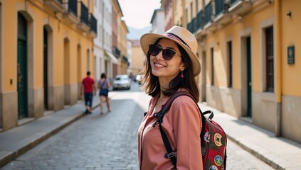 Asian female explorer trekking European streets with hat sunnies backpack in adventurous travel scene Female Tourist Adventure Travel Editorial