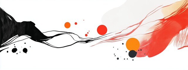 Sticker - Abstract art composition featuring flowing lines and vibrant circles in black, red, and orange against a white background