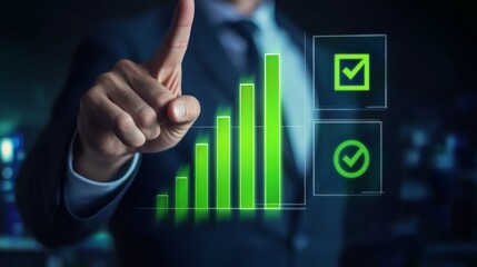 Business growth projection: A hand interacts with a green holographic bar chart depicting an upward trend