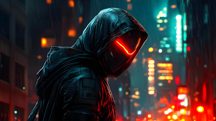 Canvas Print - A mysterious figure in a dark, neon-lit urban environment.